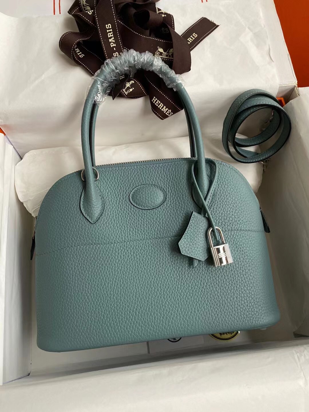 Hermes Bolide 27cm Handbag In Azure Blue Clemence Leather